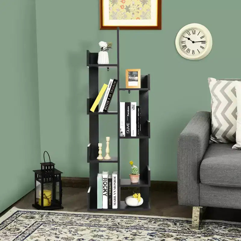 Libreria a forma di albero a 8 ripiani, scaffale in legno autoportante per soggiorno e camera da letto, nero/bianco