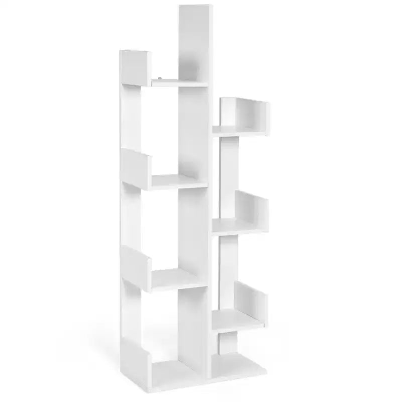 Libreria a forma di albero a 8 ripiani, scaffale in legno autoportante per soggiorno e camera da letto, nero/bianco