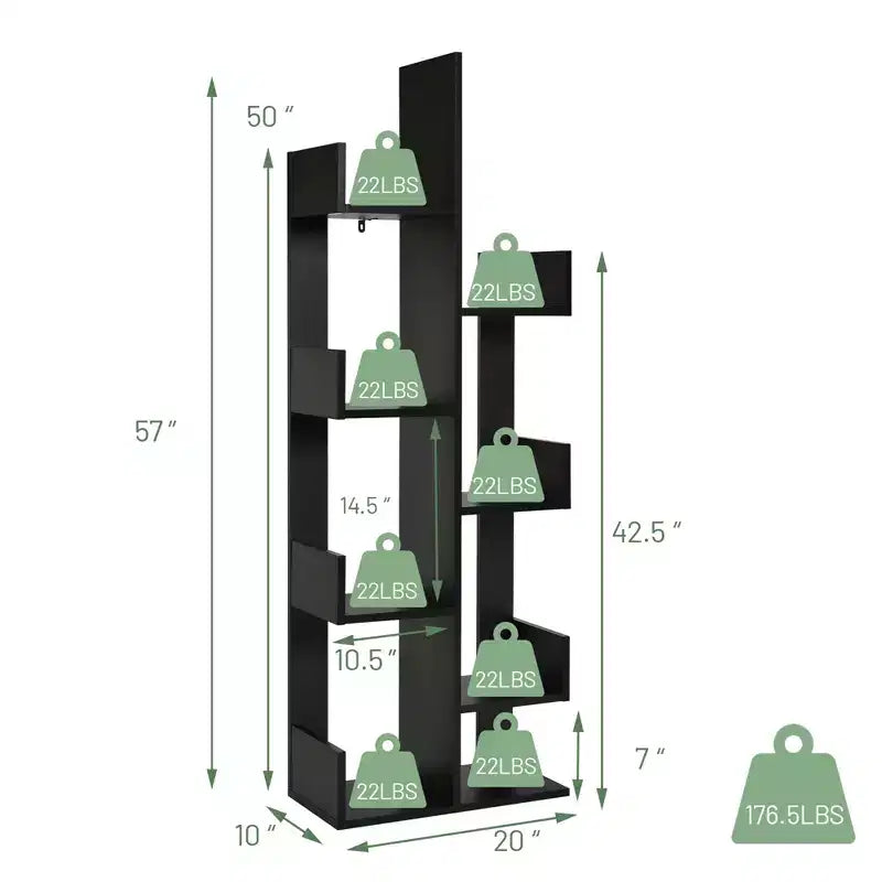 Libreria a forma di albero a 8 ripiani, scaffale in legno autoportante per soggiorno e camera da letto, nero/bianco