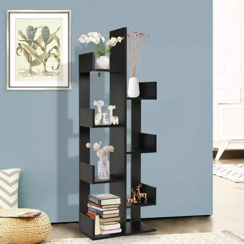 Libreria a forma di albero a 8 ripiani, scaffale in legno autoportante per soggiorno e camera da letto, nero/bianco