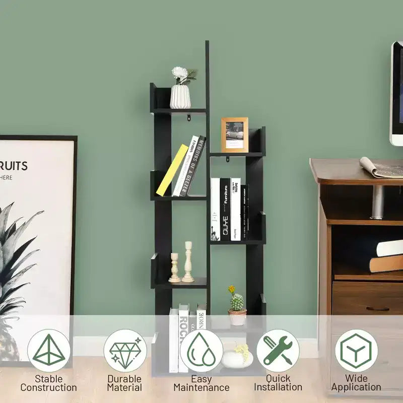 Libreria a forma di albero a 8 ripiani, scaffale in legno autoportante per soggiorno e camera da letto, nero/bianco