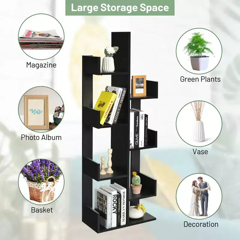 Libreria a forma di albero a 8 ripiani, scaffale in legno autoportante per soggiorno e camera da letto, nero/bianco