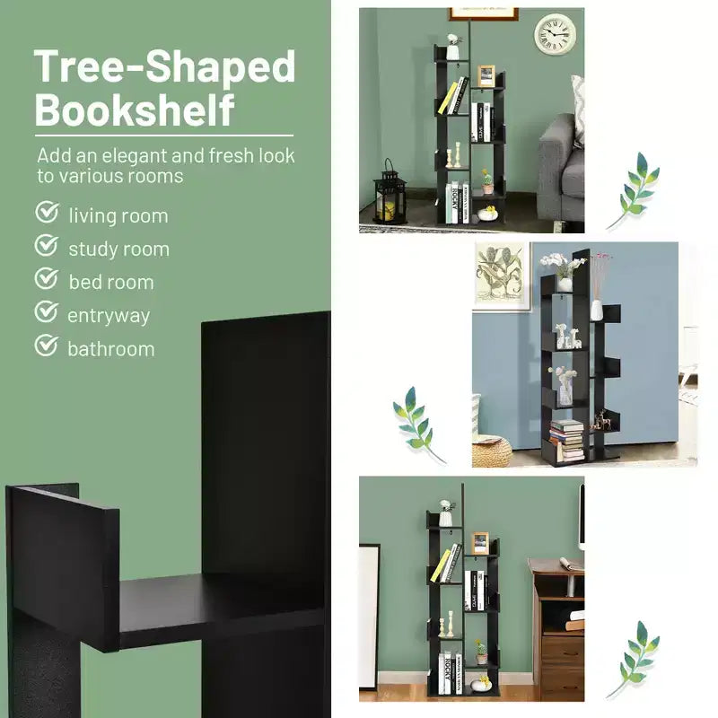Libreria a forma di albero a 8 ripiani, scaffale in legno autoportante per soggiorno e camera da letto, nero/bianco