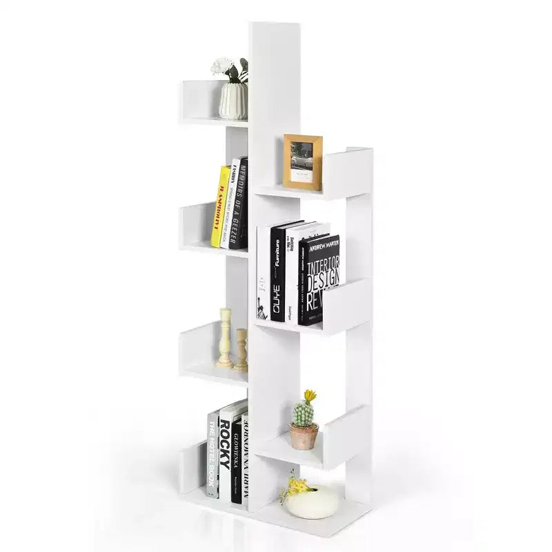 Libreria a forma di albero a 8 ripiani, scaffale in legno autoportante per soggiorno e camera da letto, nero/bianco