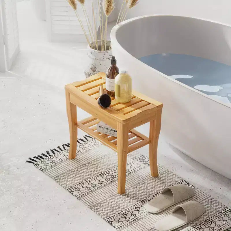 Panca doccia in bambù da 20" con ripiano portaoggetti – Sgabello spa per bagno, camera da letto e uso esterno