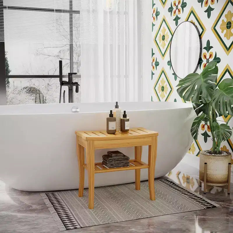 Panca doccia in bambù da 20" con ripiano portaoggetti – Sgabello spa per bagno, camera da letto e uso esterno