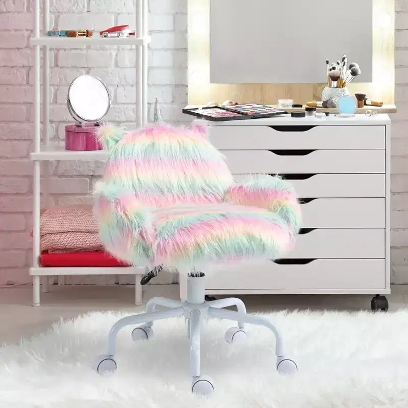Sedia da Ufficio Girevole Mid-Back Fluffy Unicorn con Braccioli, Design Arcobaleno, Base Bianca a 5 Razze