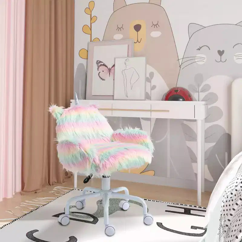 Sedia da Ufficio Girevole Mid-Back Fluffy Unicorn con Braccioli, Design Arcobaleno, Base Bianca a 5 Razze