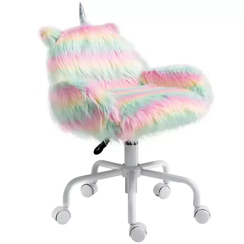 Sedia da Ufficio Girevole Mid-Back Fluffy Unicorn con Braccioli, Design Arcobaleno, Base Bianca a 5 Razze