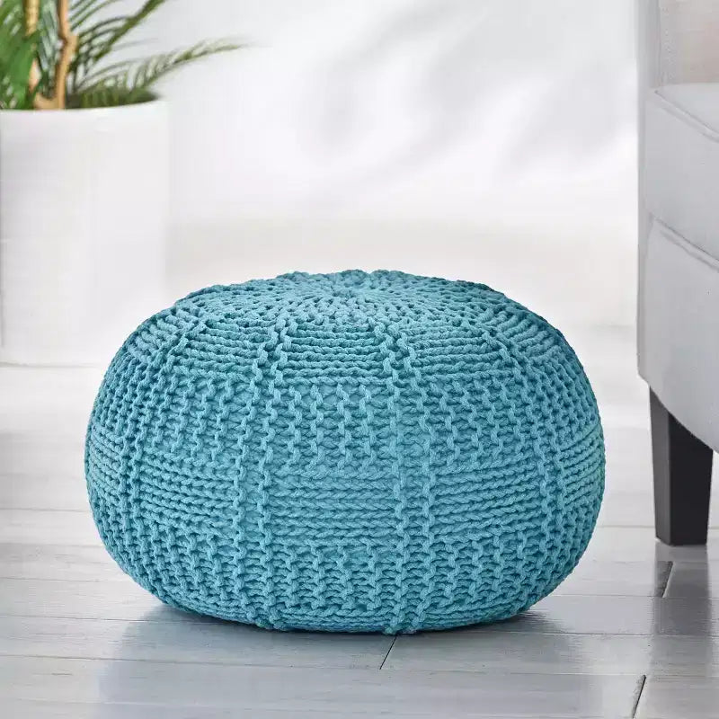 Pouf Ottomano Rotondo in Cotone Lavorato a Maglia, Cuscino da Pavimento Boho per Soggiorno e Camera da Letto